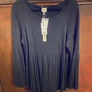 CUPIO Black Smocked Long Sleeve Black Top